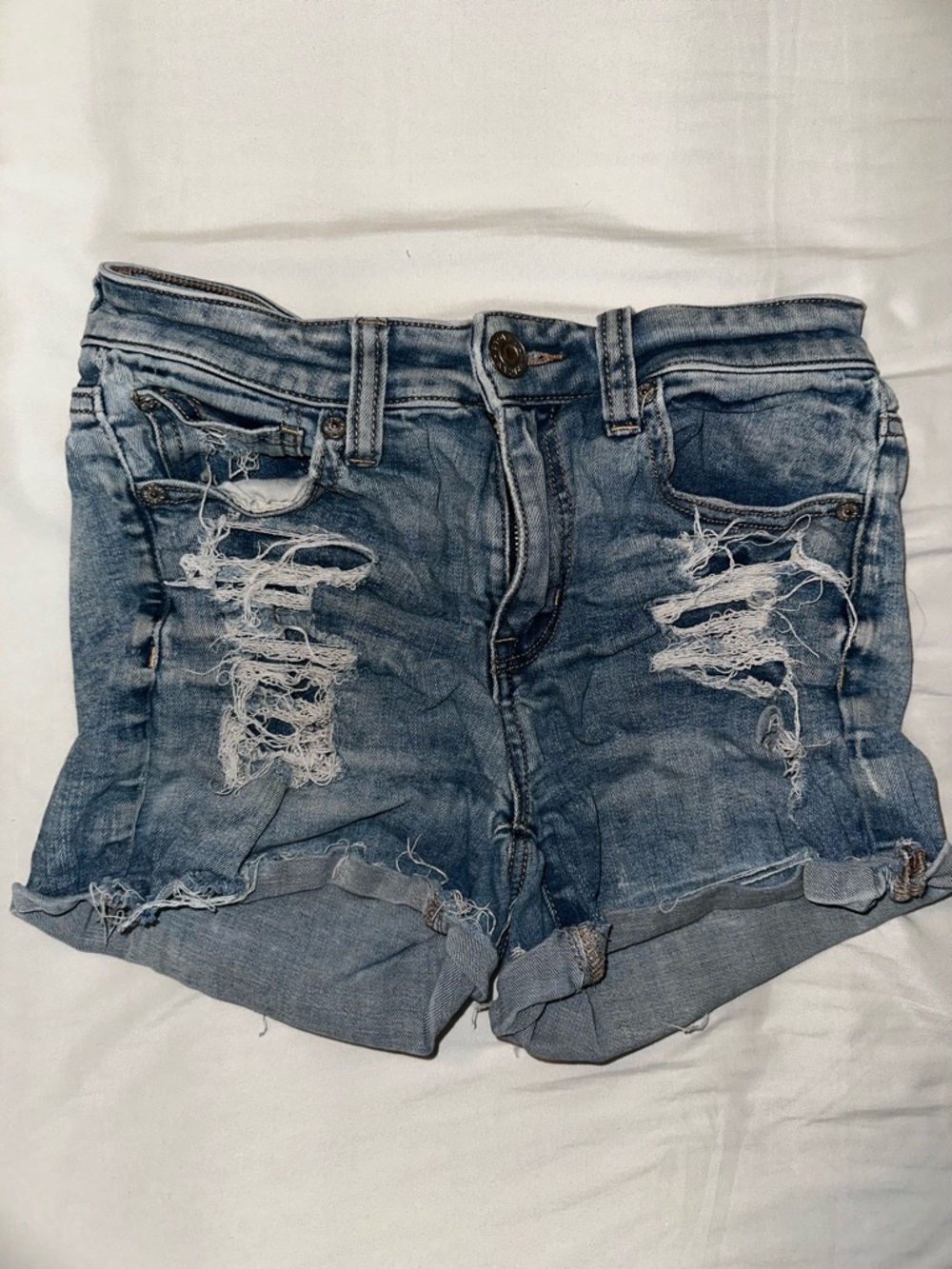 High-Rise Elastic Waist Distressed Denim Shorts - Light Blue